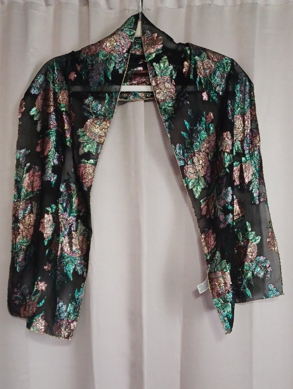 Vintage Elwin Japan Rayon Metallic Floral Oblong Scarf 60×10 Brocade Rosette